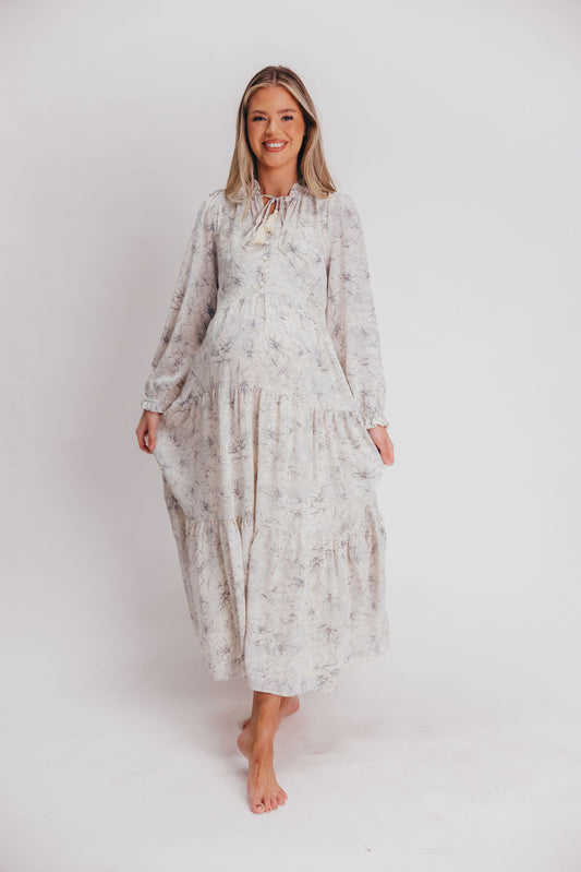 Mallory Long-Sleeved Maxi Dress with Tassel in Grey Floral - Bump Friendly - Inclusive Sizing (S-3XL)