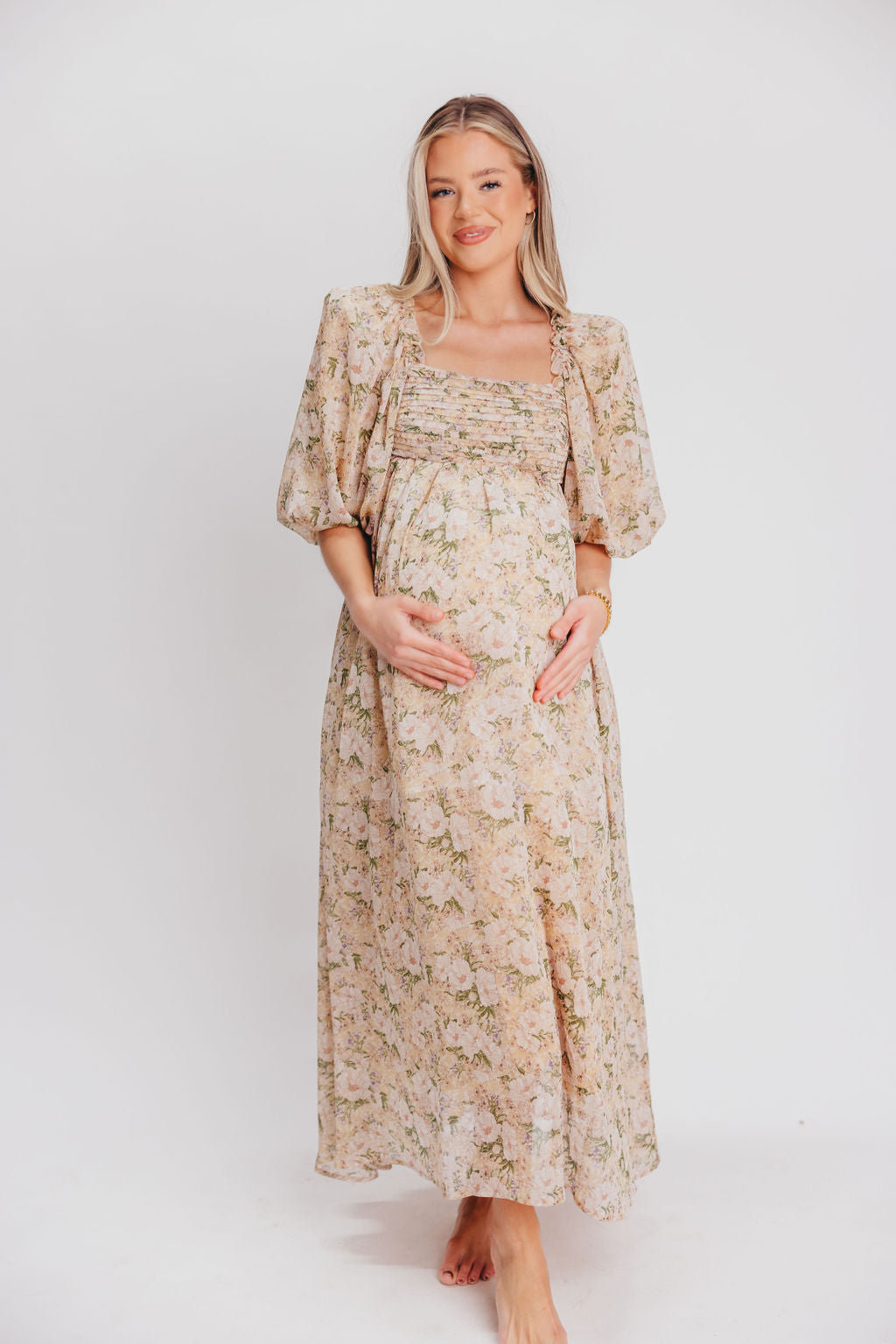 Melody Maxi Dress with Pleats and Bow Detail in Winter Floral - Bump Friendly & Inclusive Sizing (S-3XL)