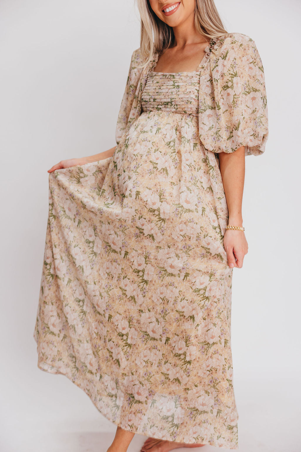 Melody Maxi Dress with Pleats and Bow Detail in Winter Floral - Bump Friendly & Inclusive Sizing (S-3XL)