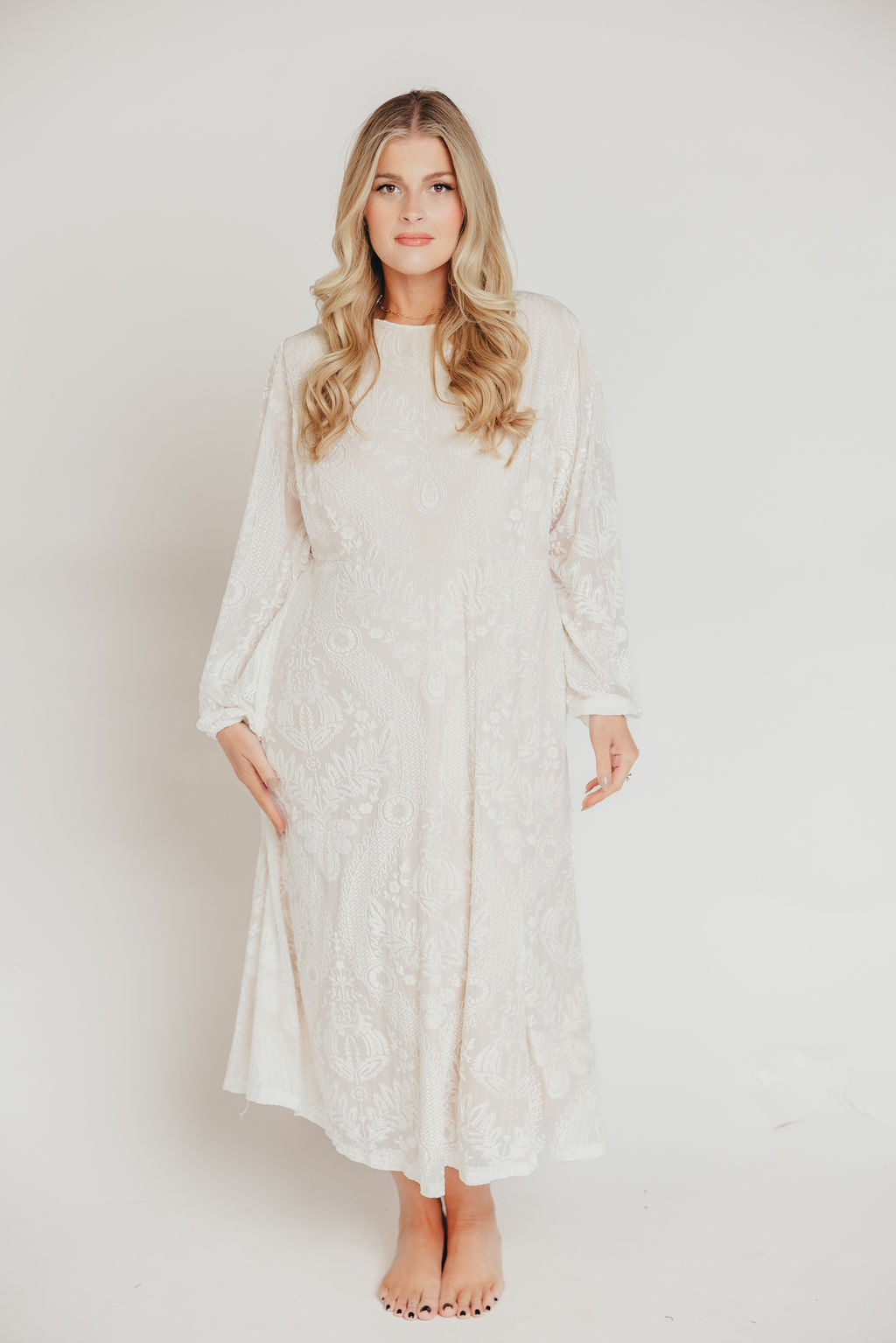 Jenni Velvet Burnout Midi Dress in Ivory - Inclusive Sizing (S-3XL)