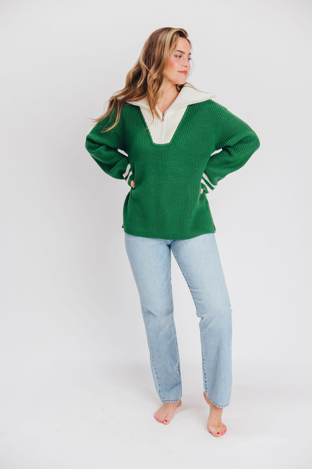 Old Money Pullover Sweater in Green/White Stripe