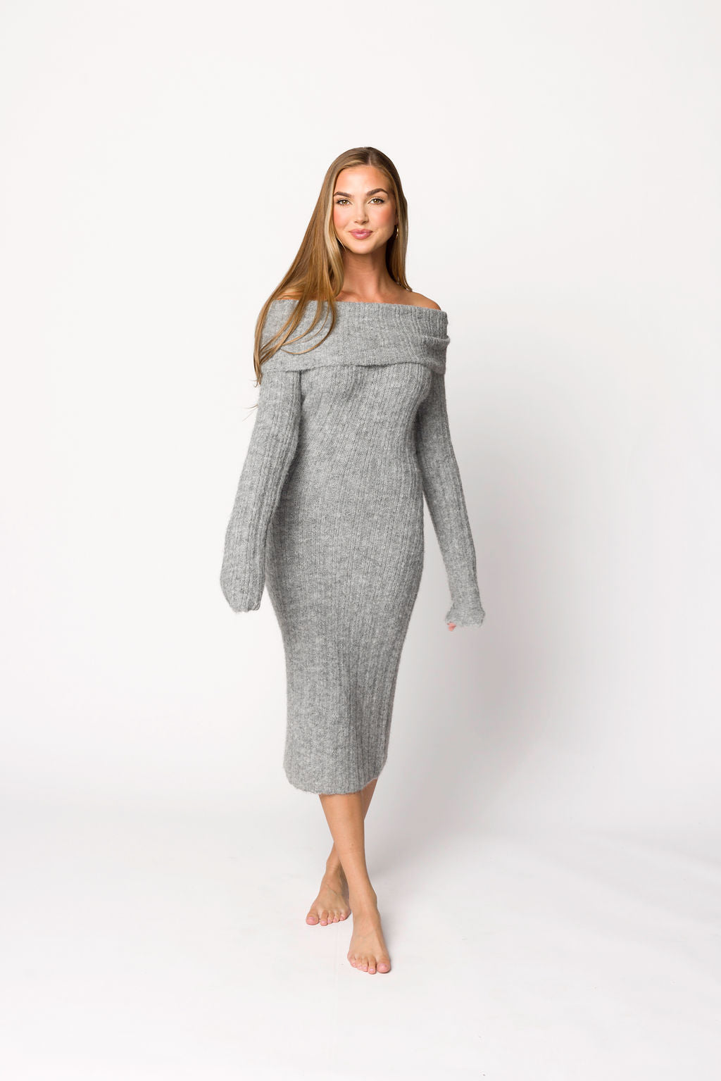 Midi Dress Grey Jumper Dress Beth Off-the-Shoulder Sweater Midi