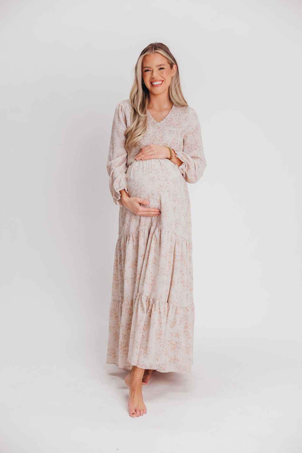 Lindy Maxi Dress with Long Sleeves and Smocked Bodice in Coconut Floral - Bump Friendly - Inclusive Sizing (XS - XXL)