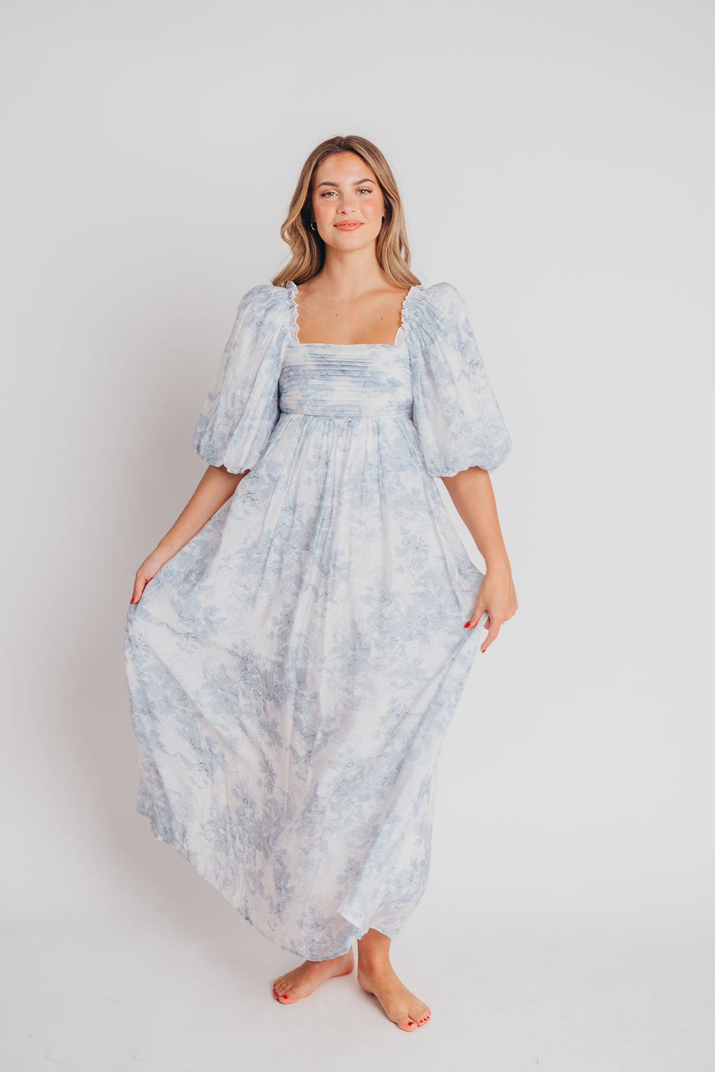 Melody Maxi Dress with Pleats and Bow Detail in Blue Floral - Bump Friendly (swipe to see photos)  & Inclusive Sizing (S-3XL)