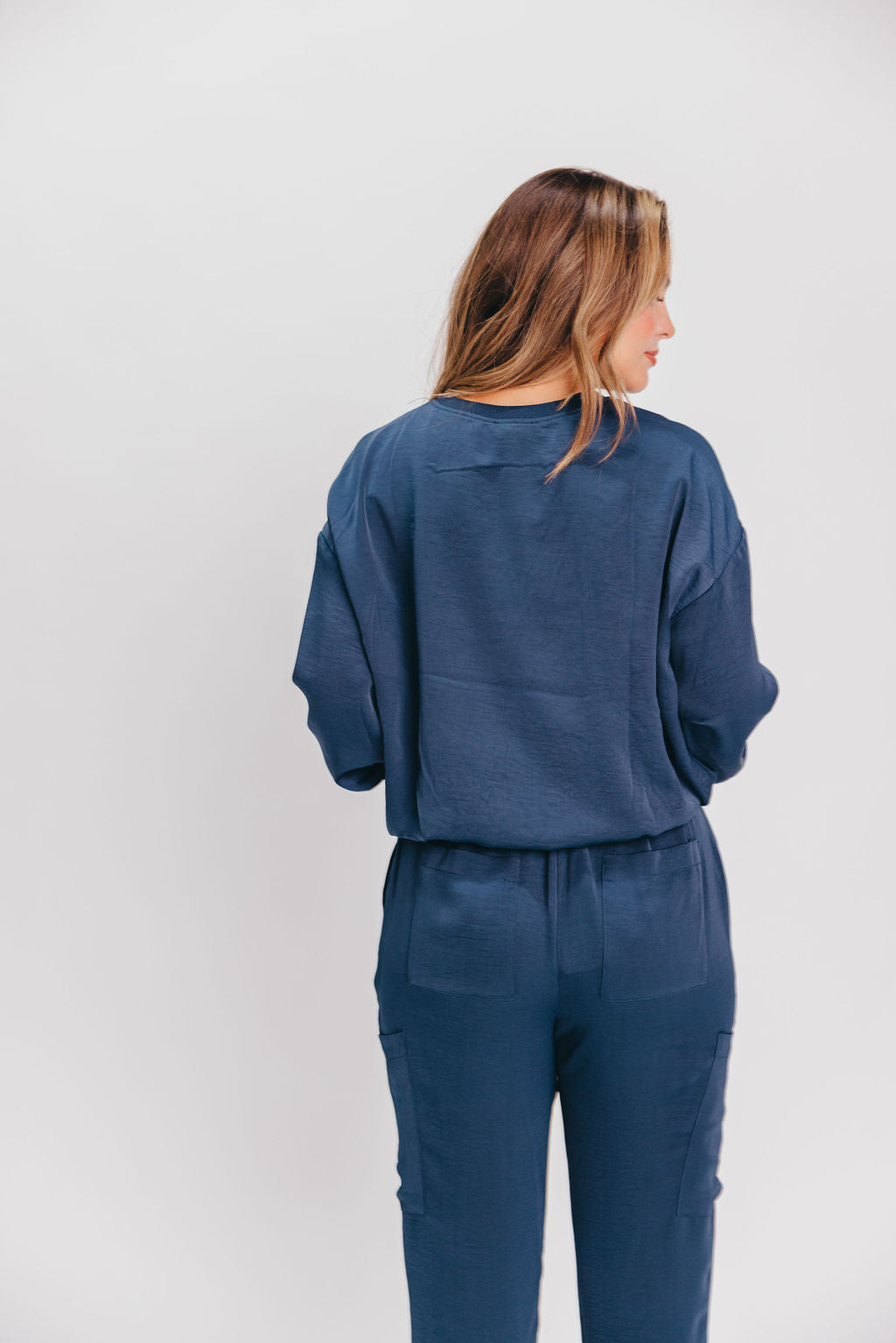 Sonny Silky Pintucked Cargo-Style Pants in Navy (top sold separately)