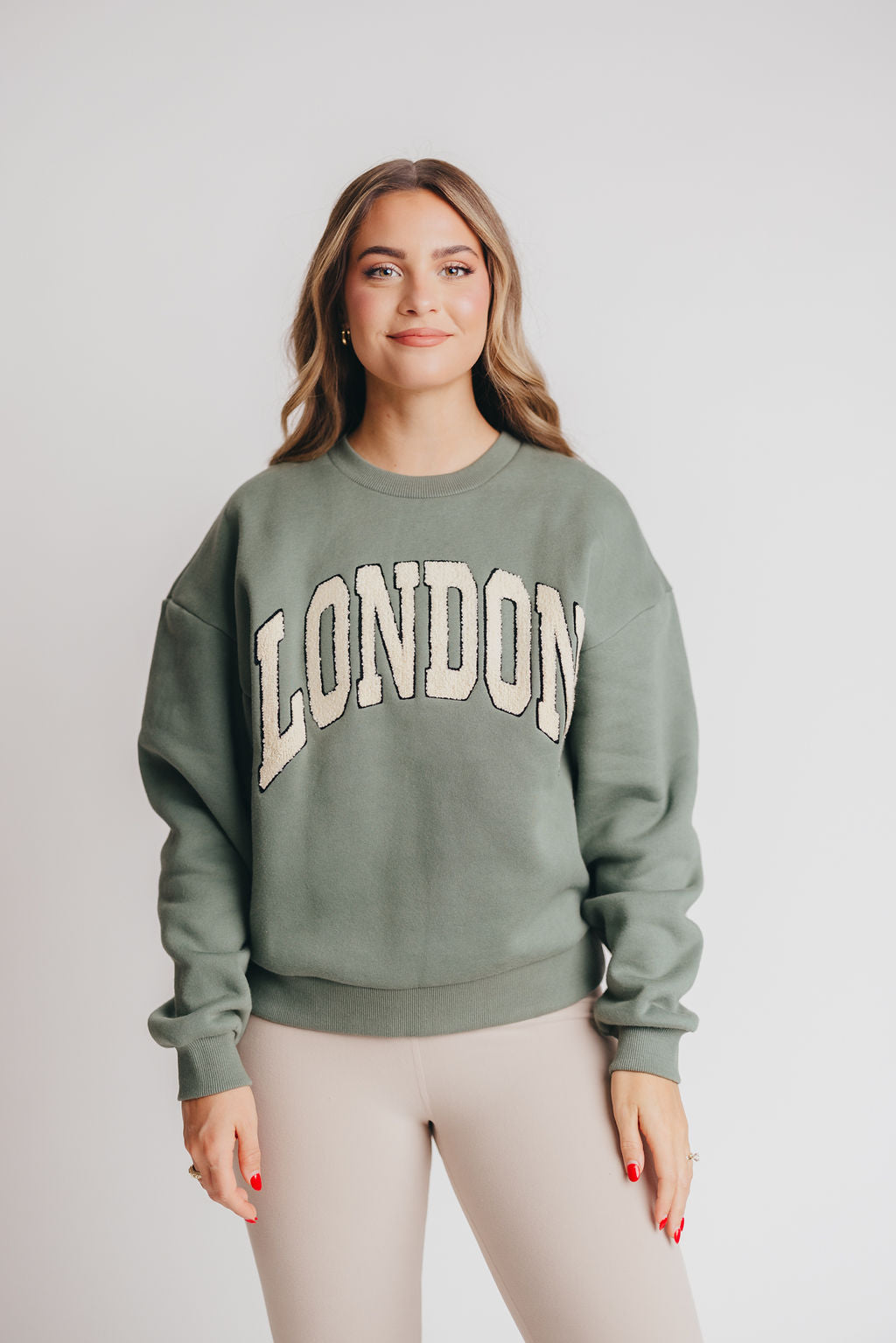 London Calling Boucle Letter Patch Sweatshirt in Emerald