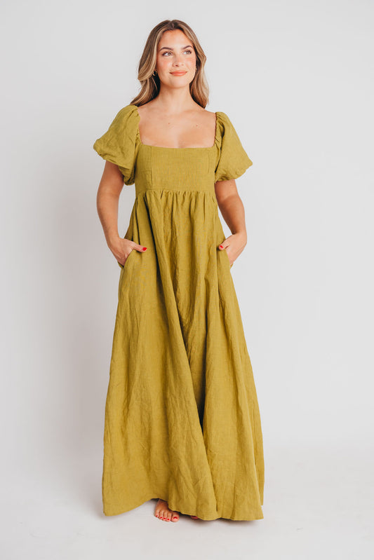 Candace Maxi Dress in Olive - 100% Linen - Bump Friendly