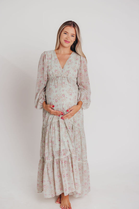 Tristen Long Sleeve Button-Up Chiffon Maxi Dress in Dusty Sage - Bump and Nursing Friendly