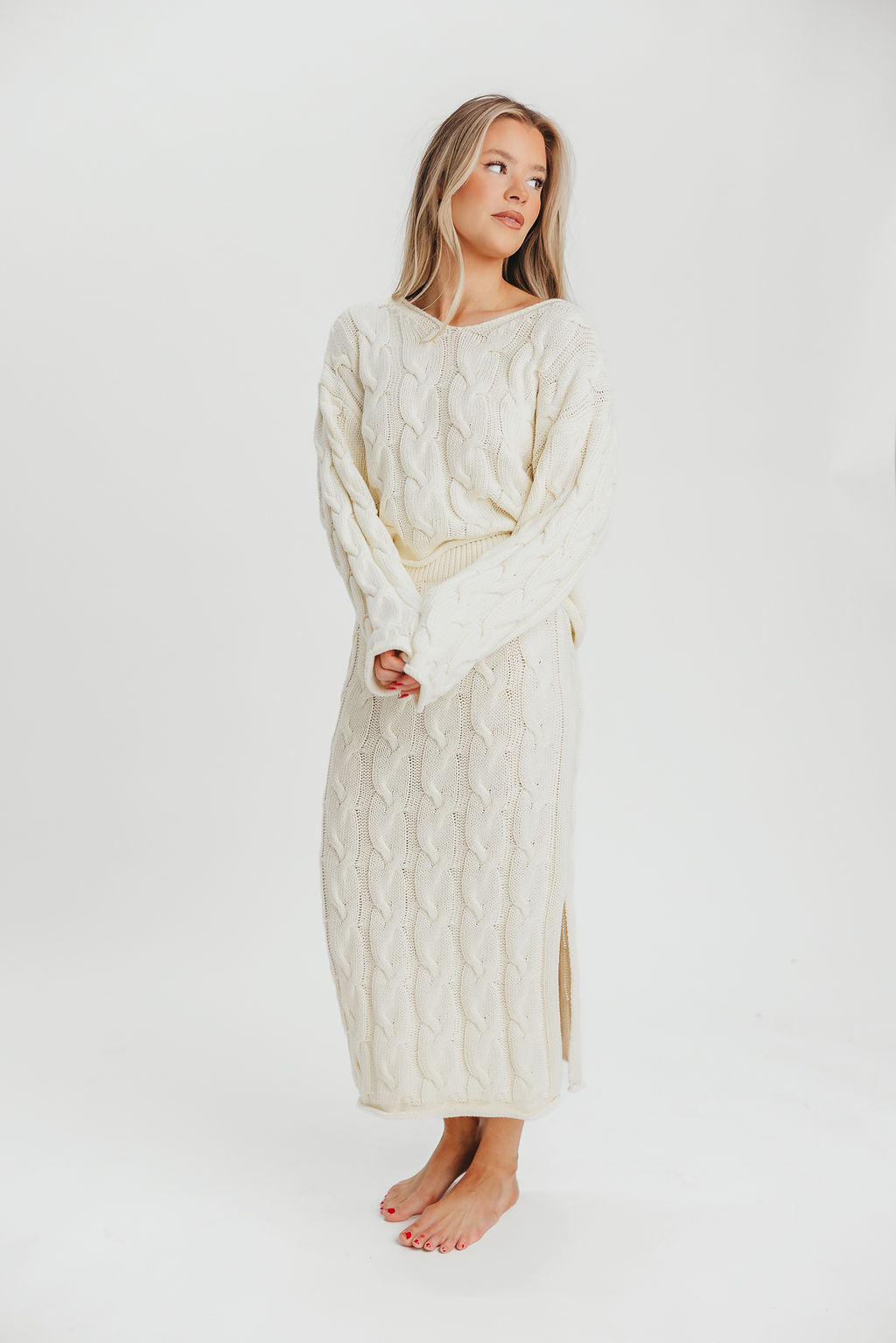 Lottie 100% Cotton Knit Midi Skirt in Cream