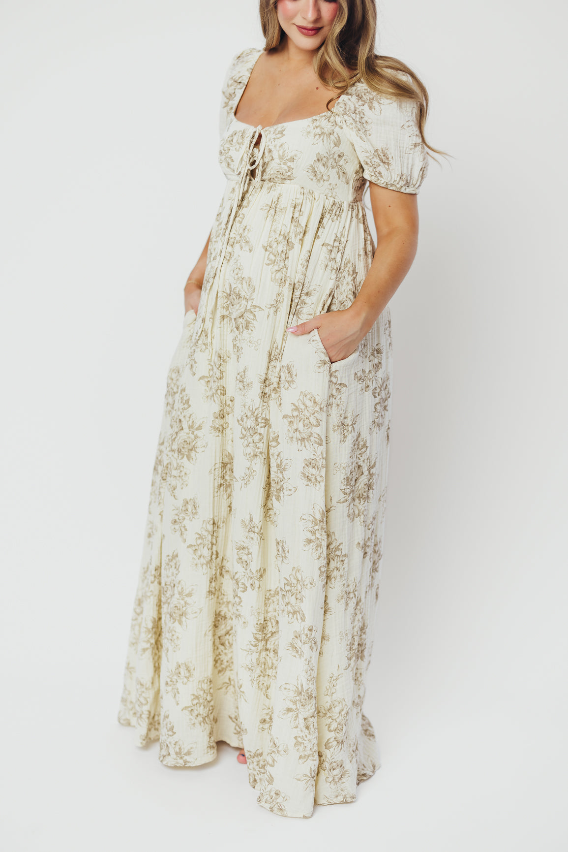 Haven 100% Cotton Tie-Front Maxi Dress in Taupe/Brown Floral