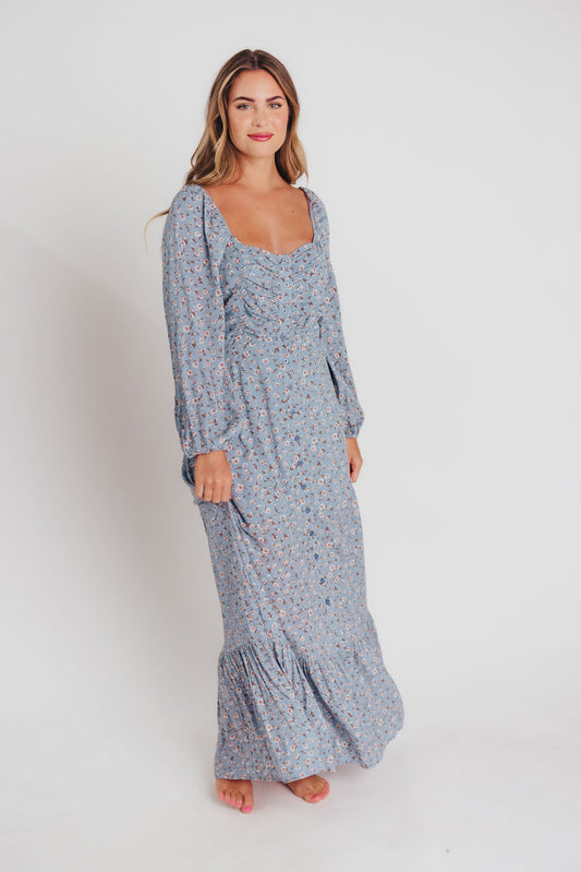 Adrienne Long-Sleeve Button-Up Maxi Dress in Ash Blue - Bump and Nursing Friendly