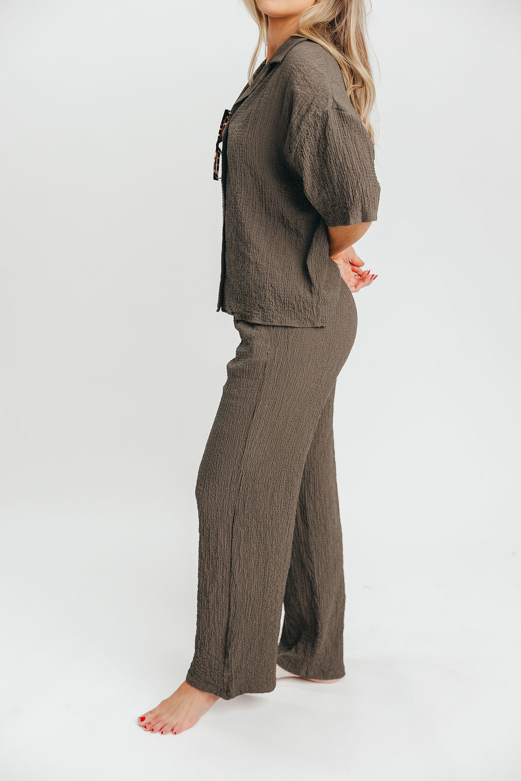 Adaline Textured Wide Leg Pants and Shirt Set in Dark Grey - Nursing Friendly