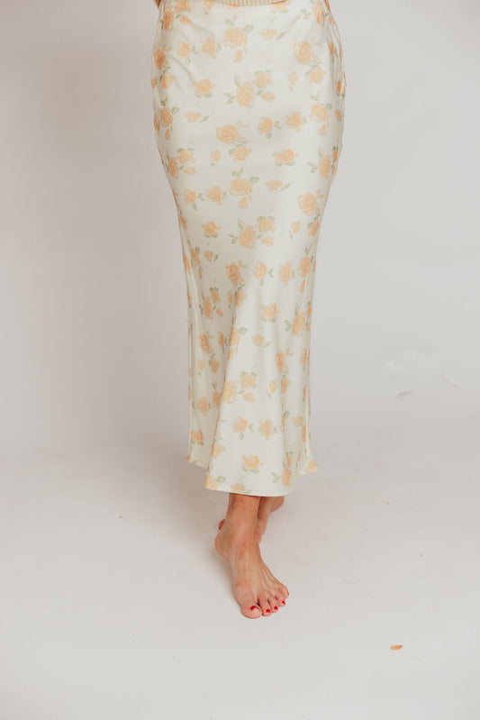 Caden Spring Floral Satin Maxi Skirt in Custard