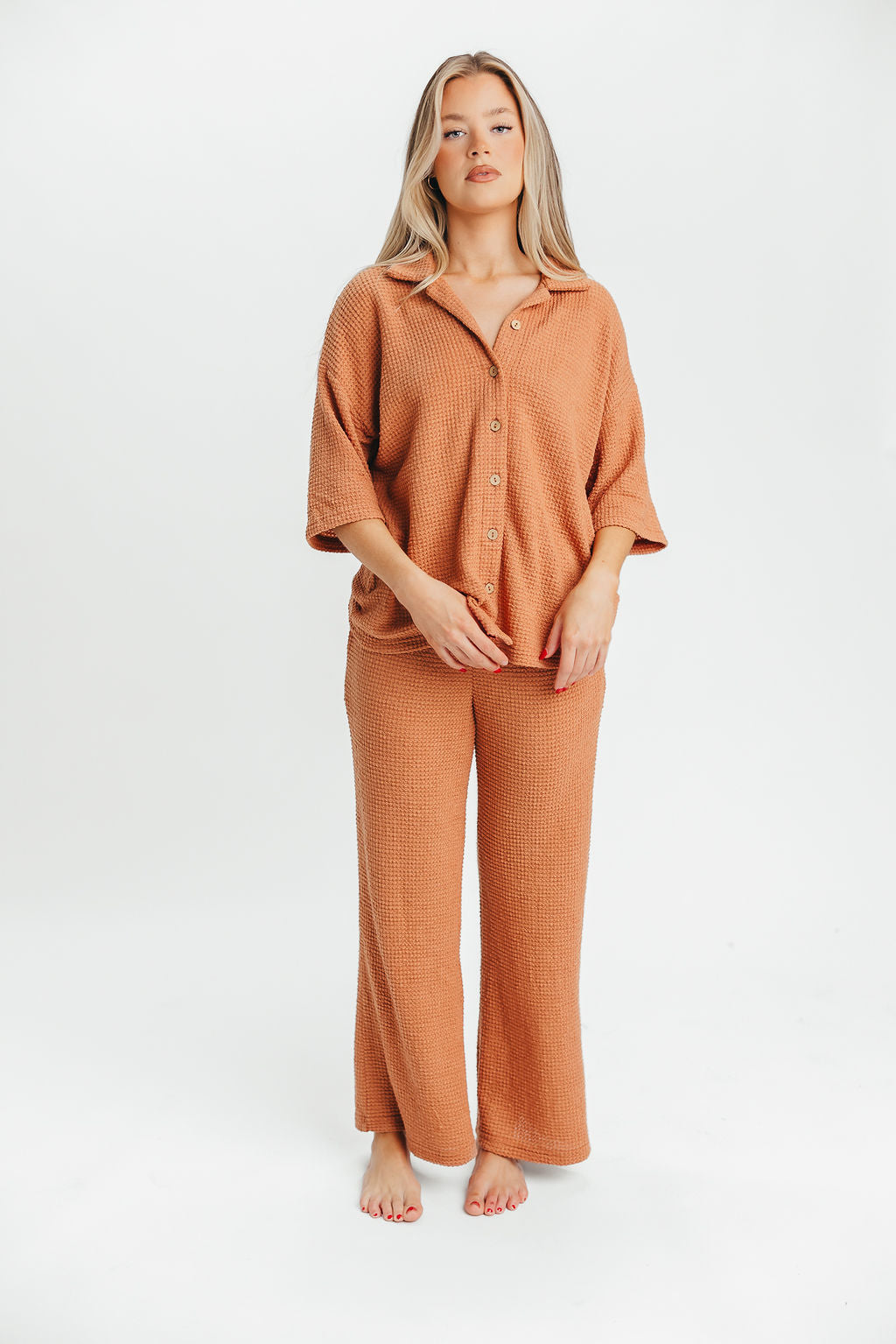 Ava Waffle Knit Pant and Button-Up Set in Clay - Nursing Friendly