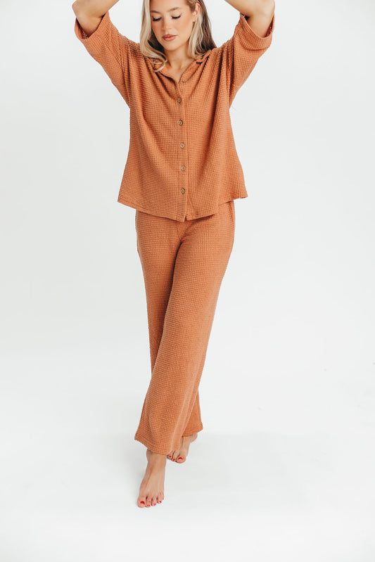 Ava Waffle Knit Pant and Button-Up Set in Clay - Nursing Friendly