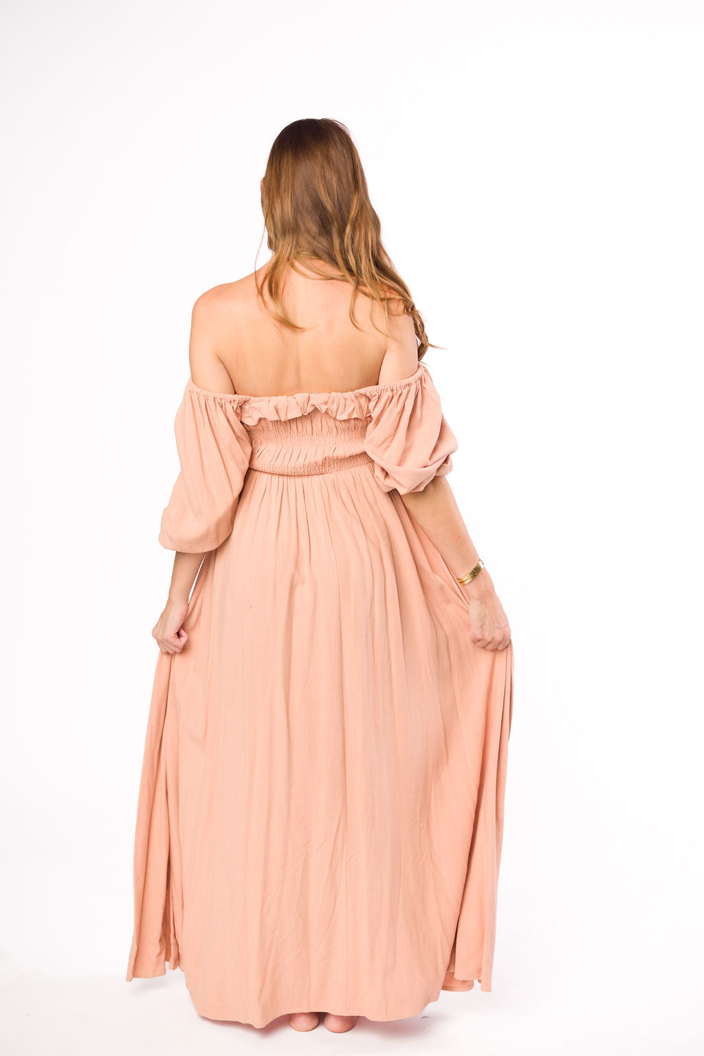 Devon Smocked Maxi Dress in Peach Clay Bump Friendly