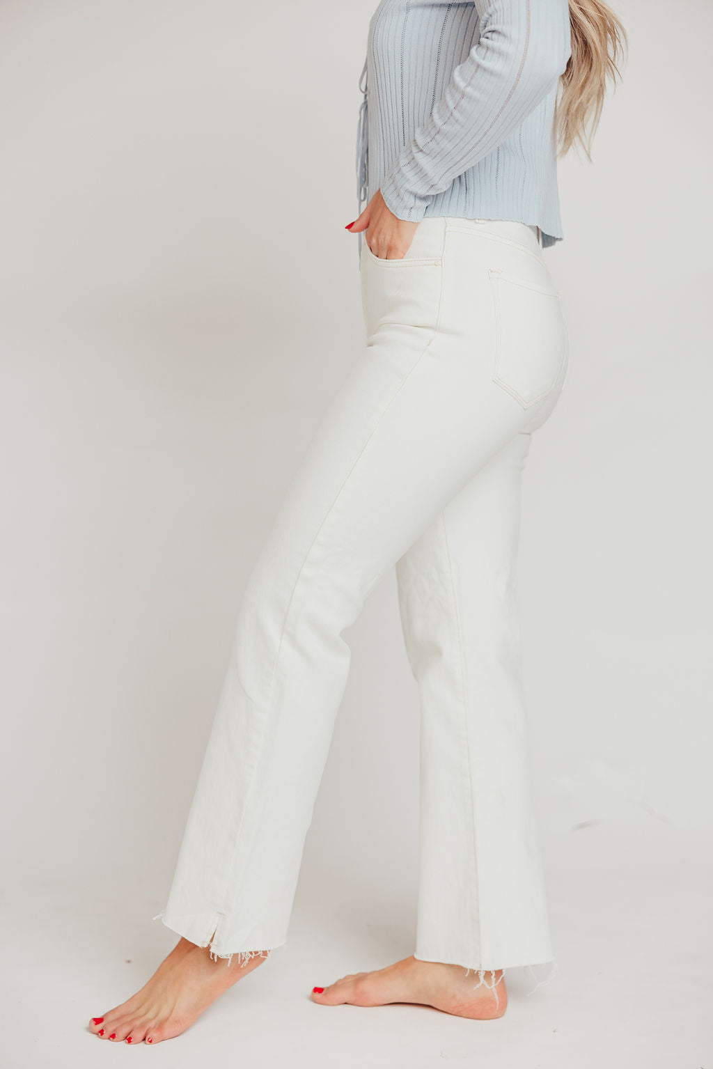Audrey High Rise Straight Pants with Raw Hem and Tummy Control in White