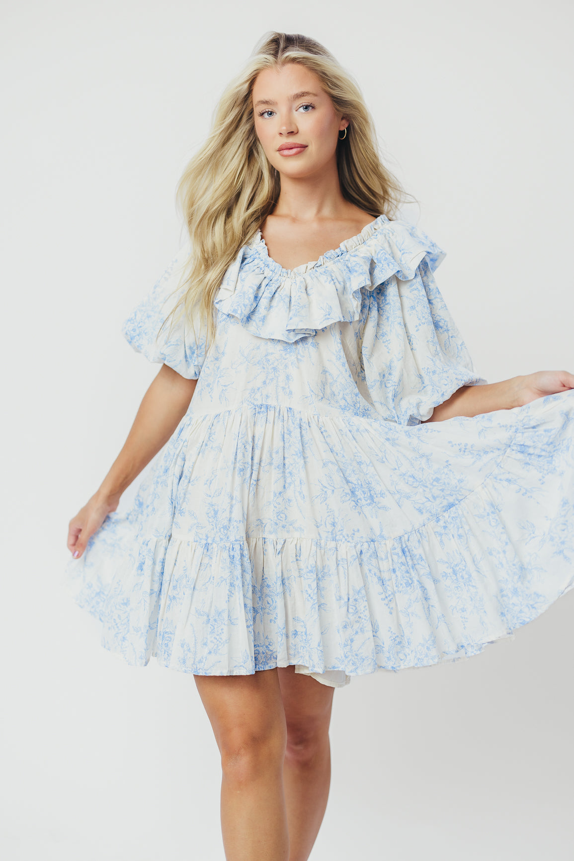 Callie Ruffled V-Neck Mini Dress in Off-White/Baby Blue – Worth Collective