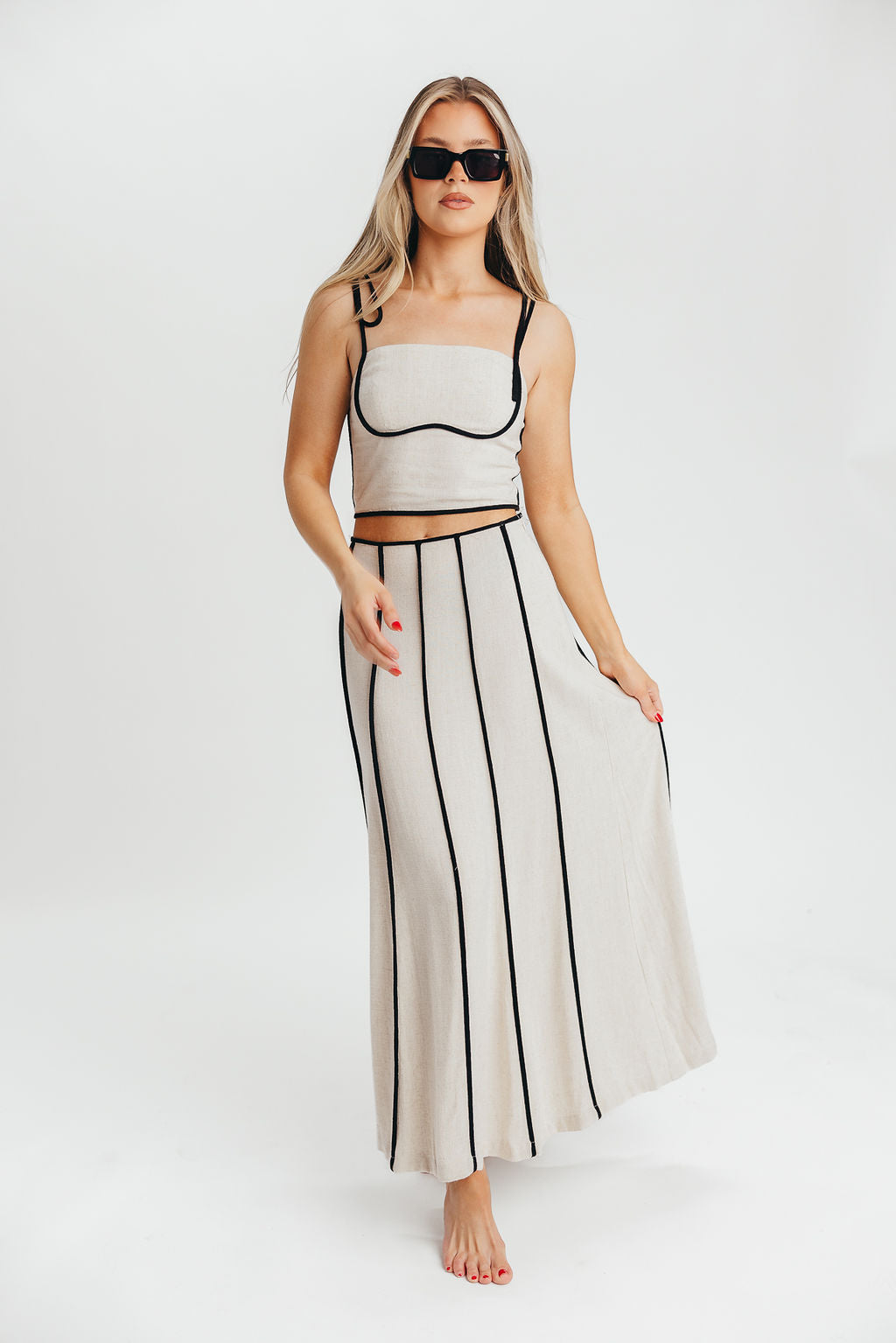 Heartfirst Linen Blend Tie Tank and Maxi Skirt Set in Natural