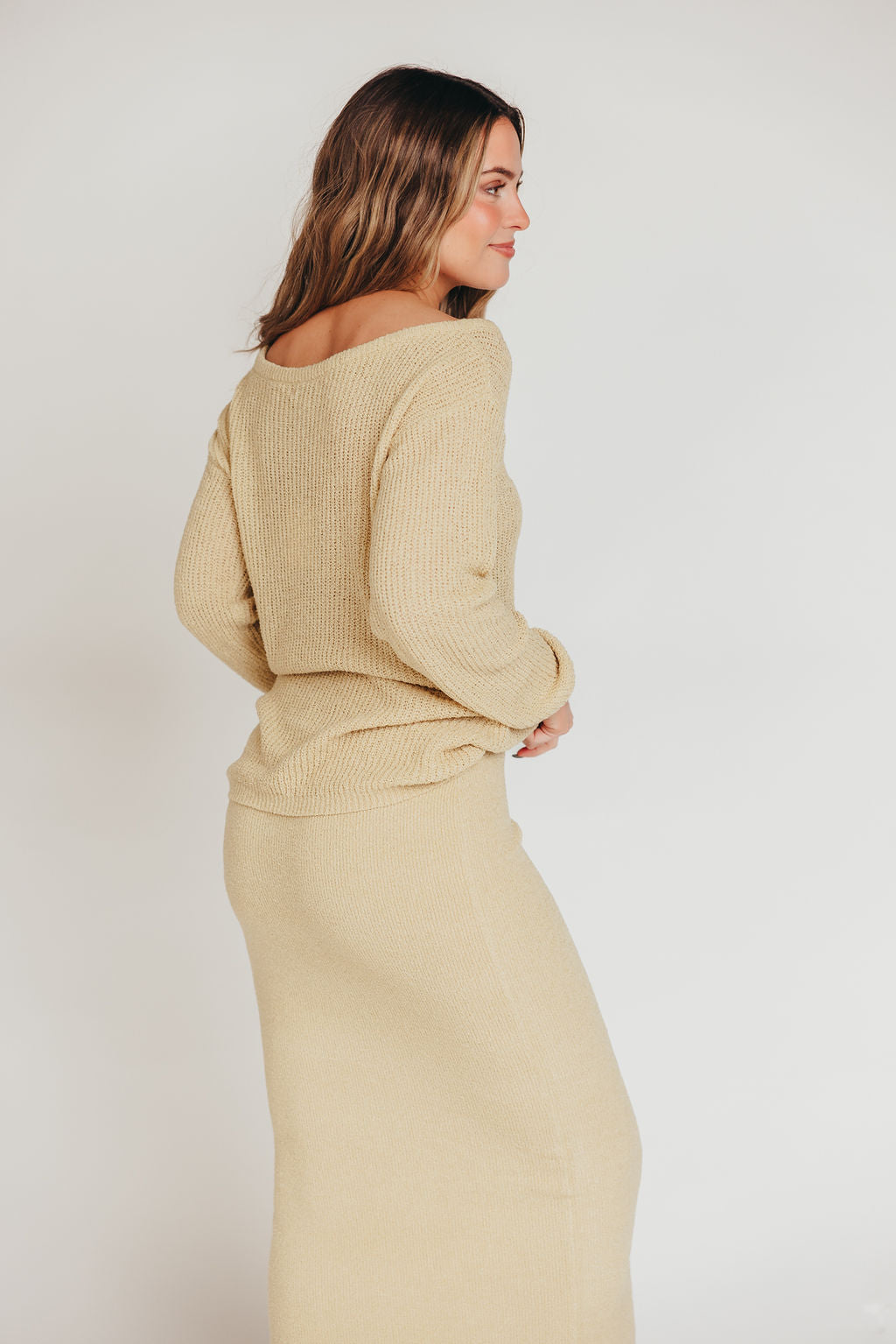 Ceci Sweater Knit Top and Midi Skirt Set in Custard