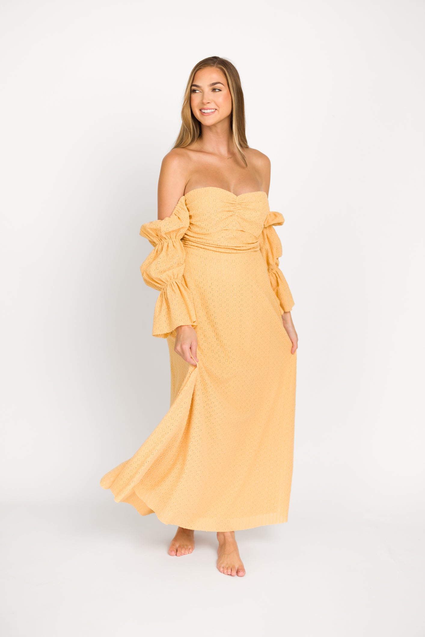 Corrine Tiered Sleeve Maxi Dress with Pockets in Autumn Mustard Bump Worth Collective