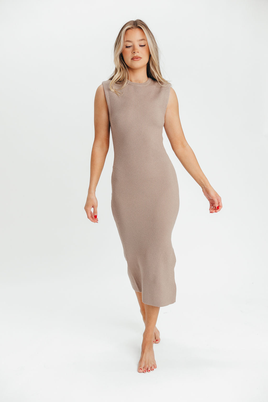 Iris Power Shoulder Ribbed Midi Dress in Taupe