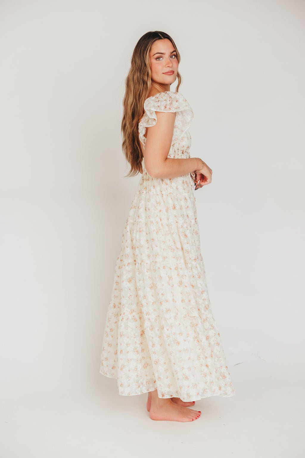 Enchanted Floral & Gingham Ruffled Maxi Dress in Cream/Peach (Restocking in May)