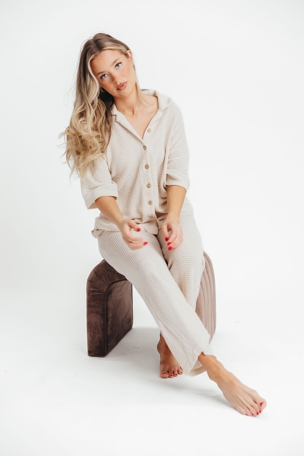Ava Waffle Knit Pant and Button-Up Set in Cream - Nursing Friendly