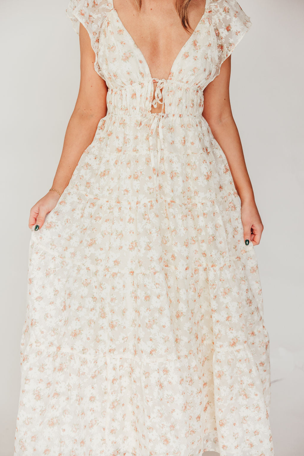 Enchanted Floral & Gingham Ruffled Maxi Dress in Cream/Peach (Restocking in May)