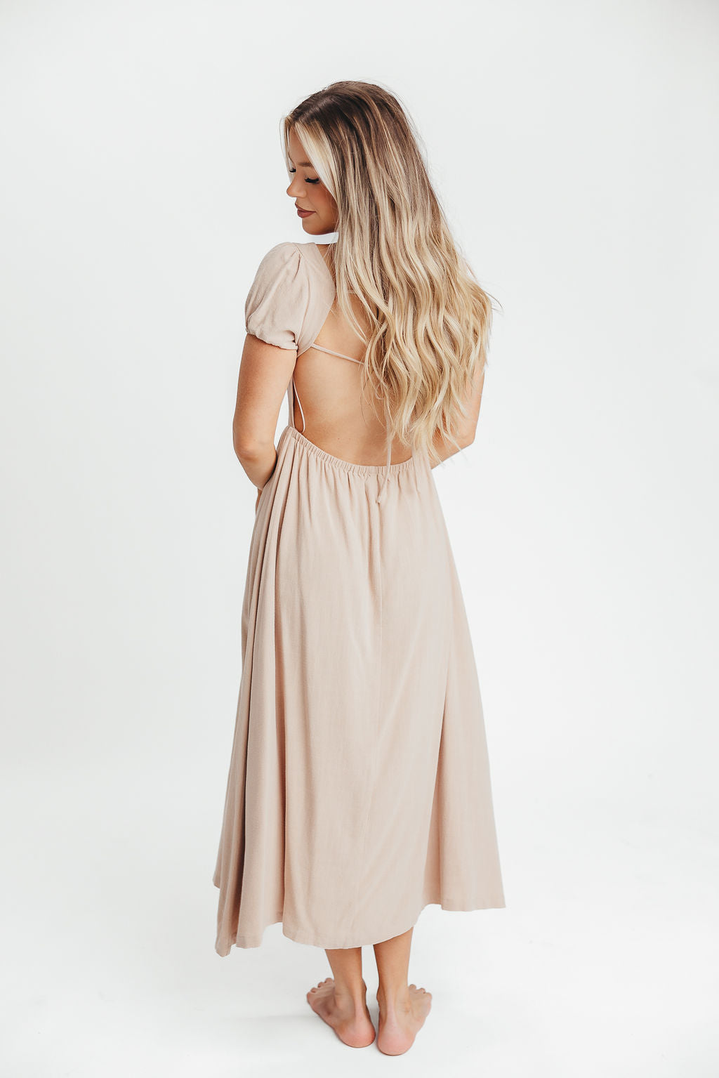 August Open Back Midi Dress in Taupe - Bump Friendly