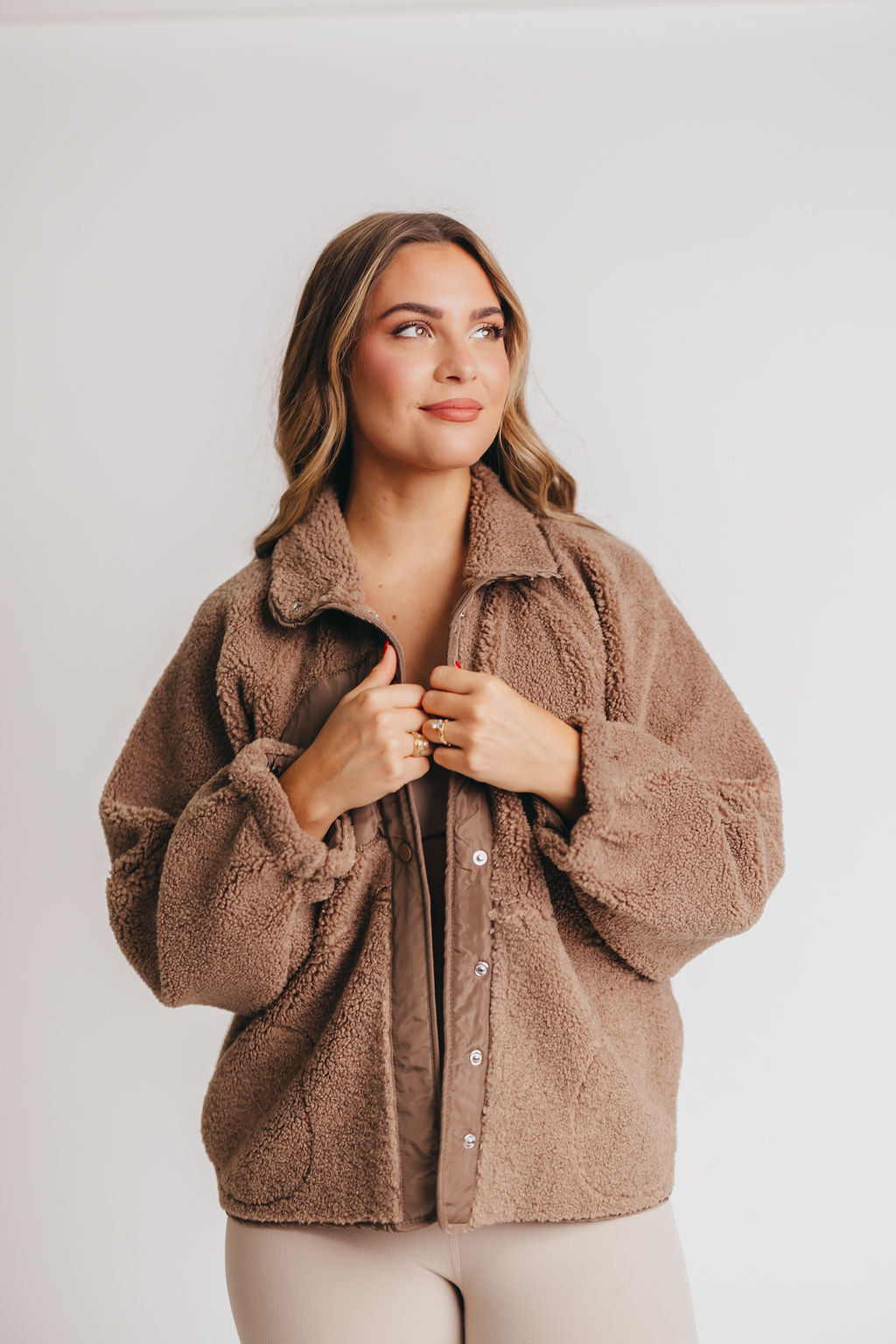 Leo Solid Snap Button Fleece Jacket in Mocha *Inclusive Sizing*