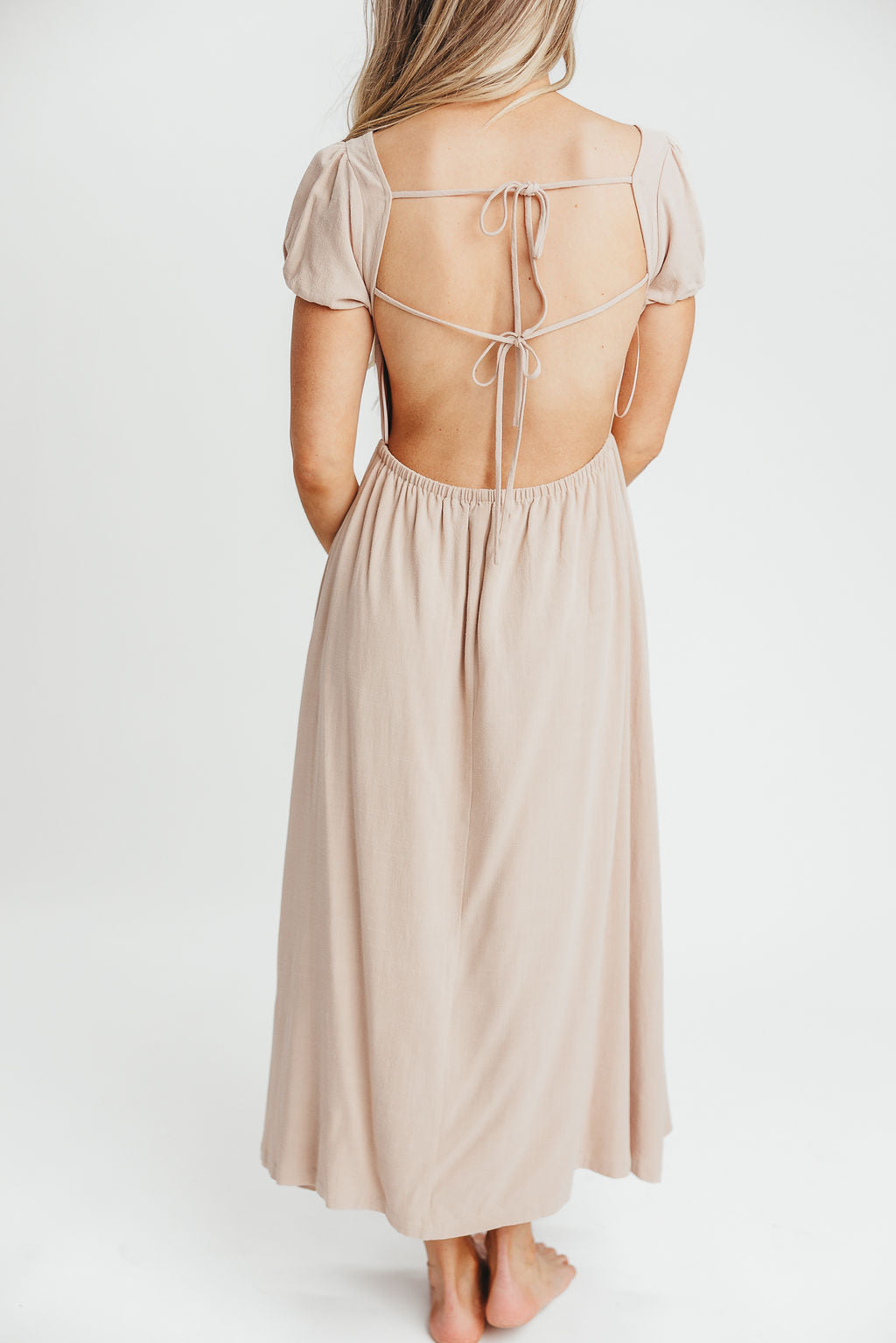 August Open Back Midi Dress in Taupe - Bump Friendly