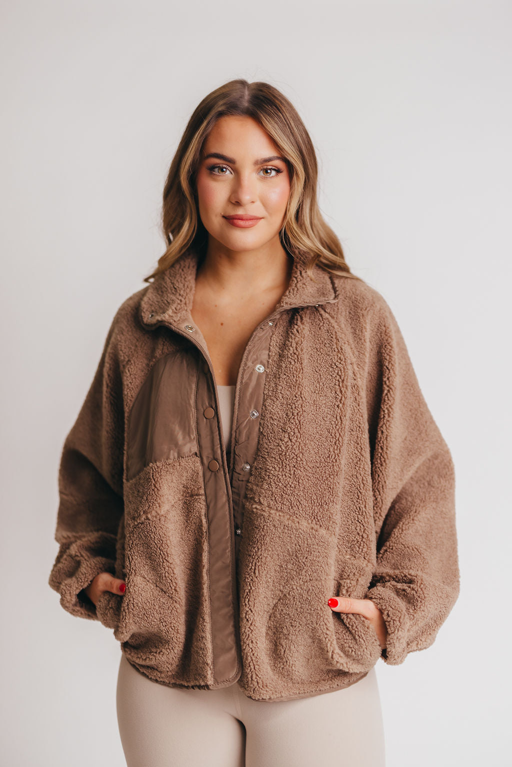 Leo Solid Snap Button Fleece Jacket in Mocha *Inclusive Sizing*