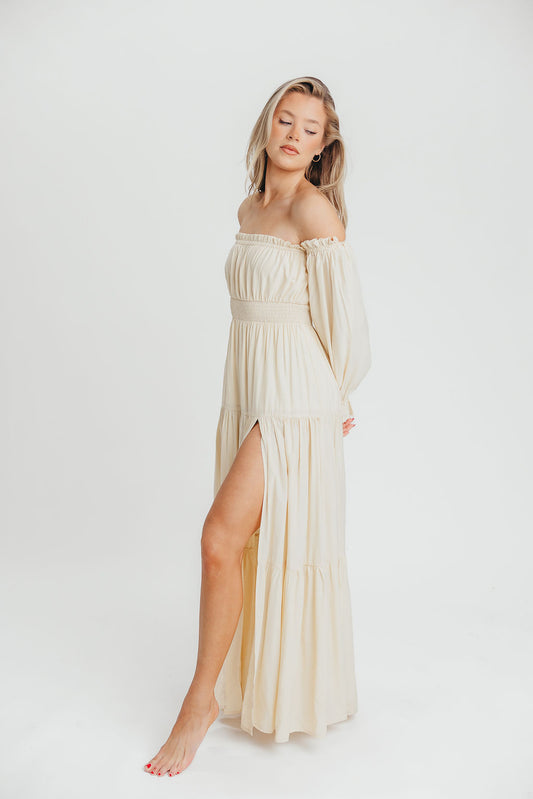 Harper Cru Long Sleeve Off-Shoulder Maxi Dress in Cream (S-XL)