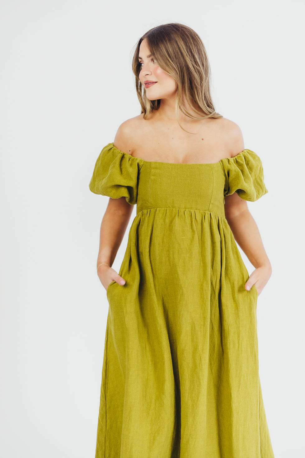 Candace Woven Linen Maxi Dress in Dark Olive - Bump Friendly