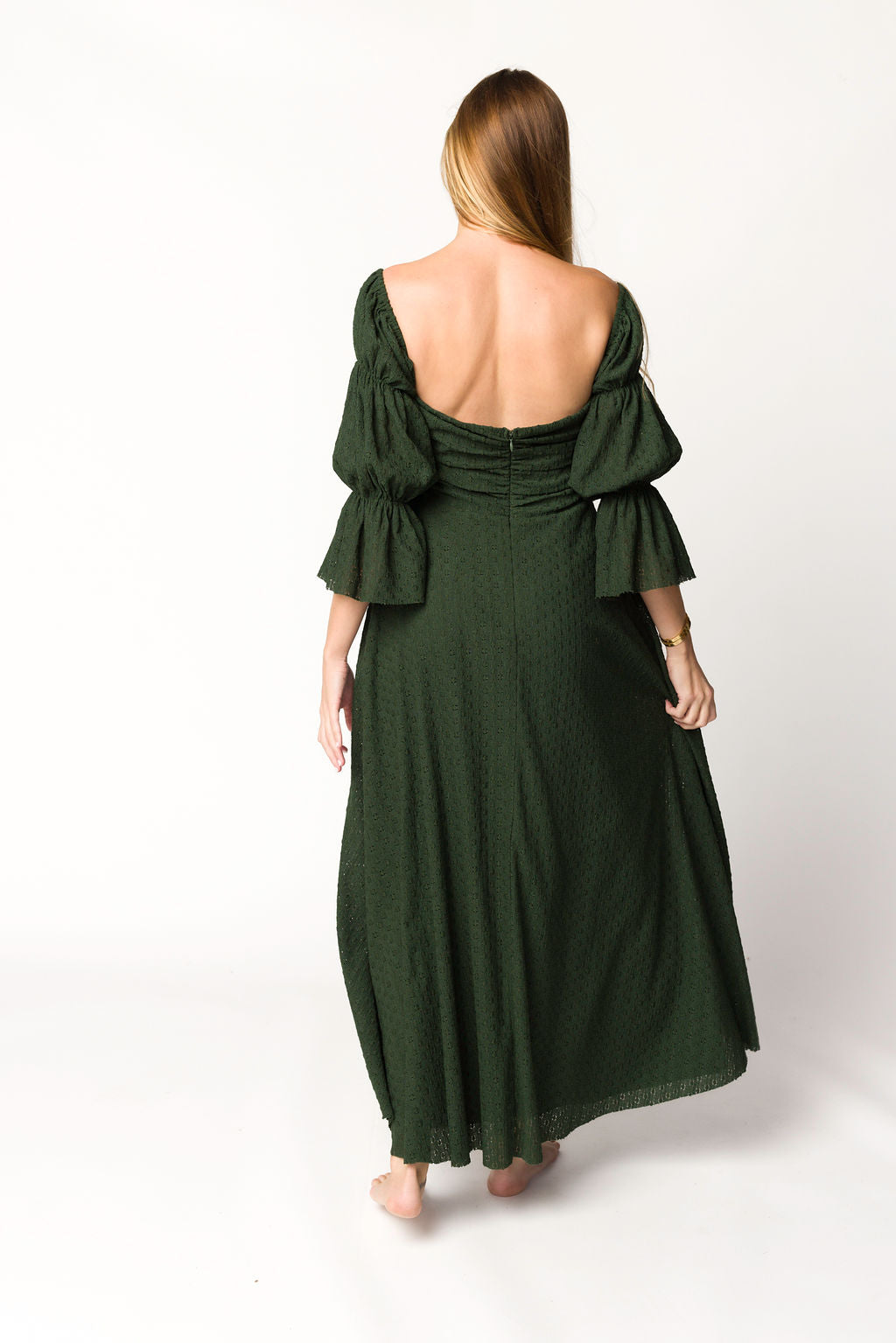 Corrine Tiered Sleeve Maxi Dress with Pockets in Hunter Green Bump F Worth Collective