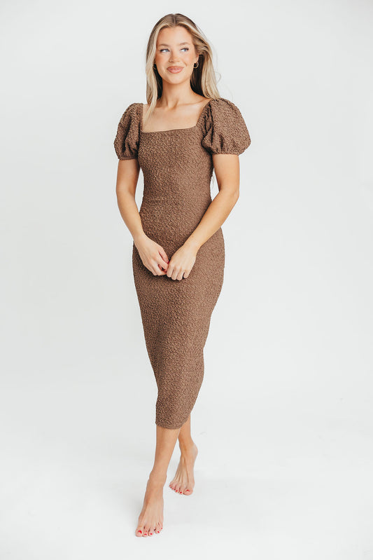 Mila Puffed Sleeve Midi Dress in Brown