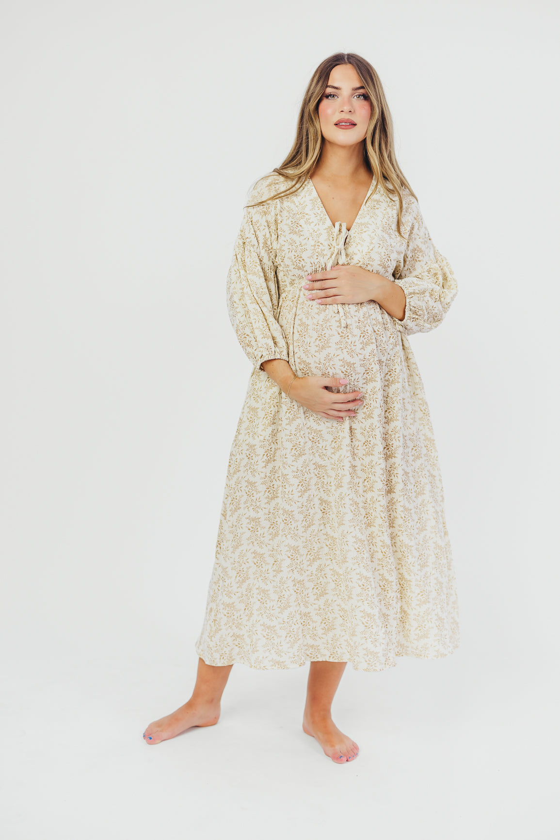 Hunter Linen-Blend Midi Dress in Greige - Bump Friendly
