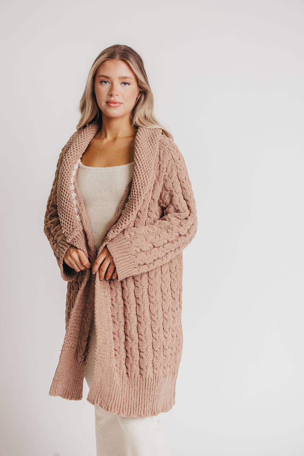 Presley Open Front Cable Knit Cardigan in Camel
