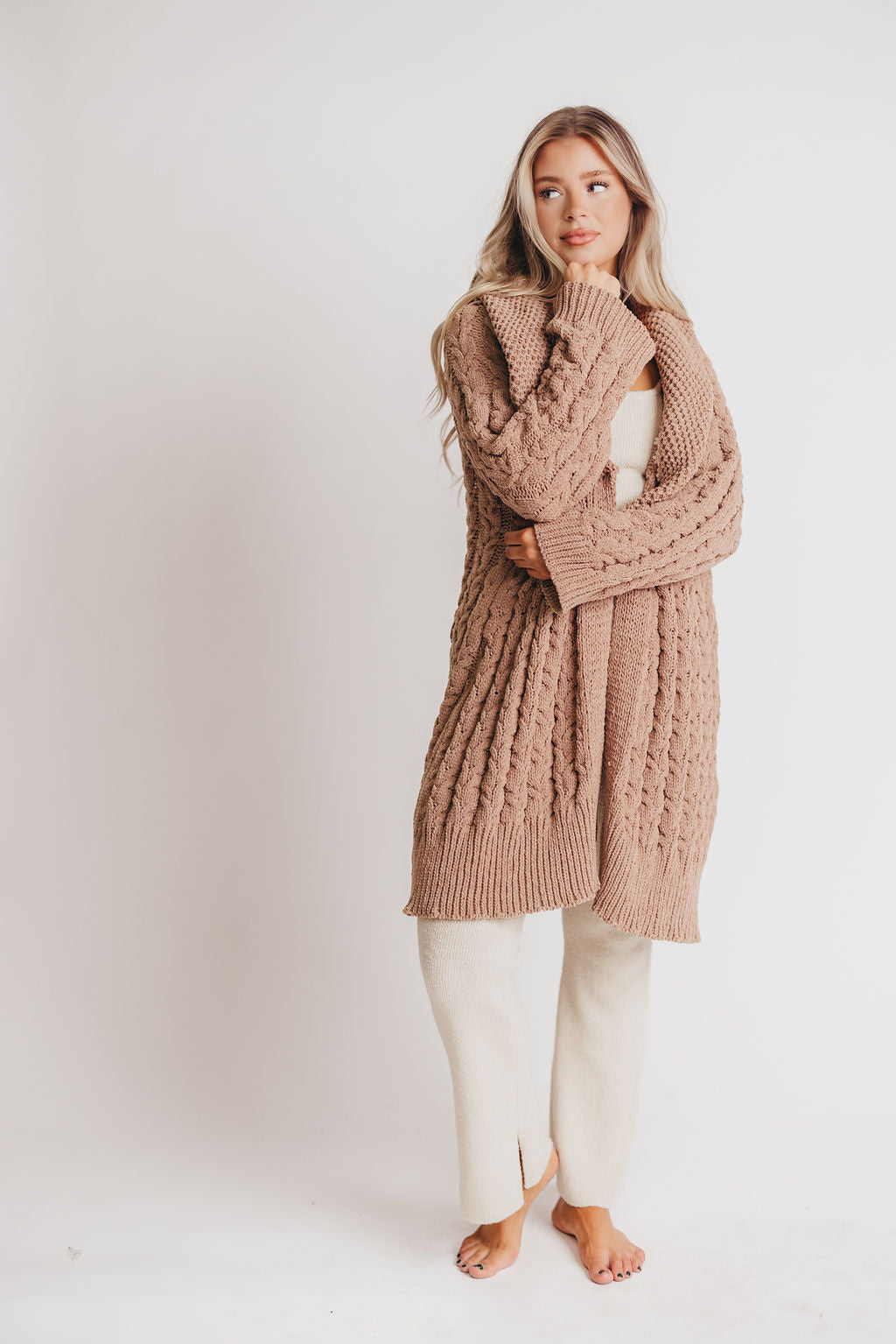 Presley Open Front Cable Knit Cardigan in Camel