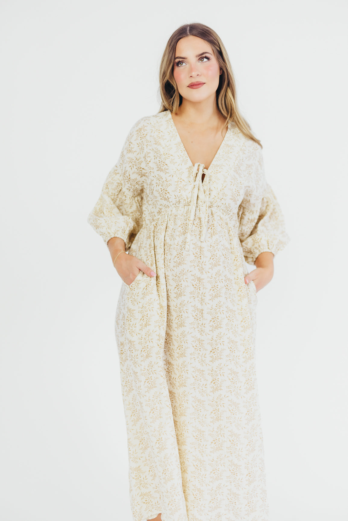 新着 Gauze Cotton 100% Hunter Midi Floral Natural/Tan in Dress ワンピース