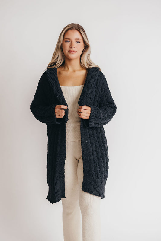 Presley Open Front Cable Knit Cardigan in Charcoal