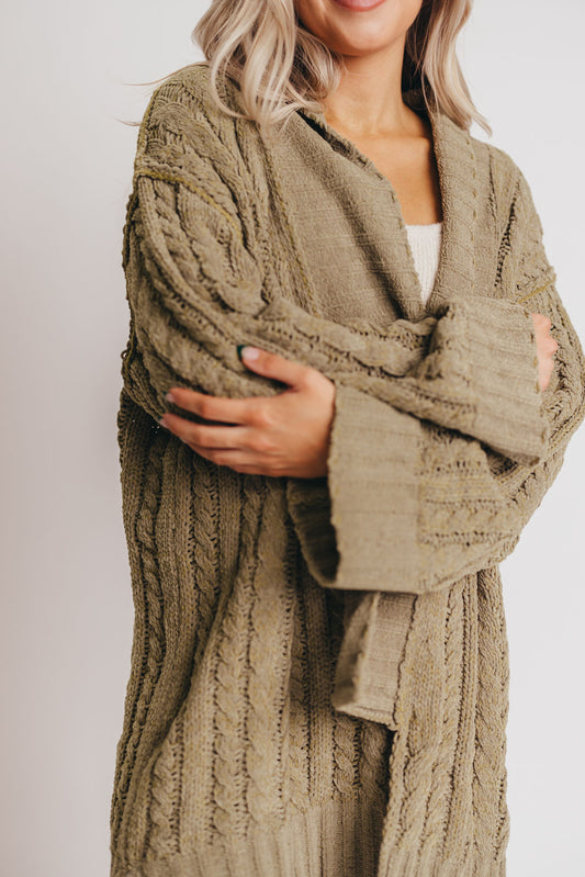 Back to December Shawl Collar Chenille Cardigan in Dusty Olive