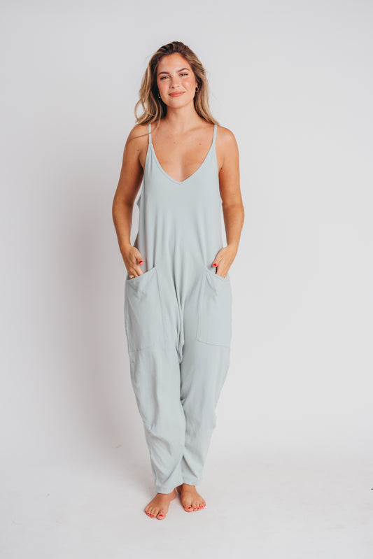 Hilary Ribbed Knit Jumpsuit with Pockets in Sage