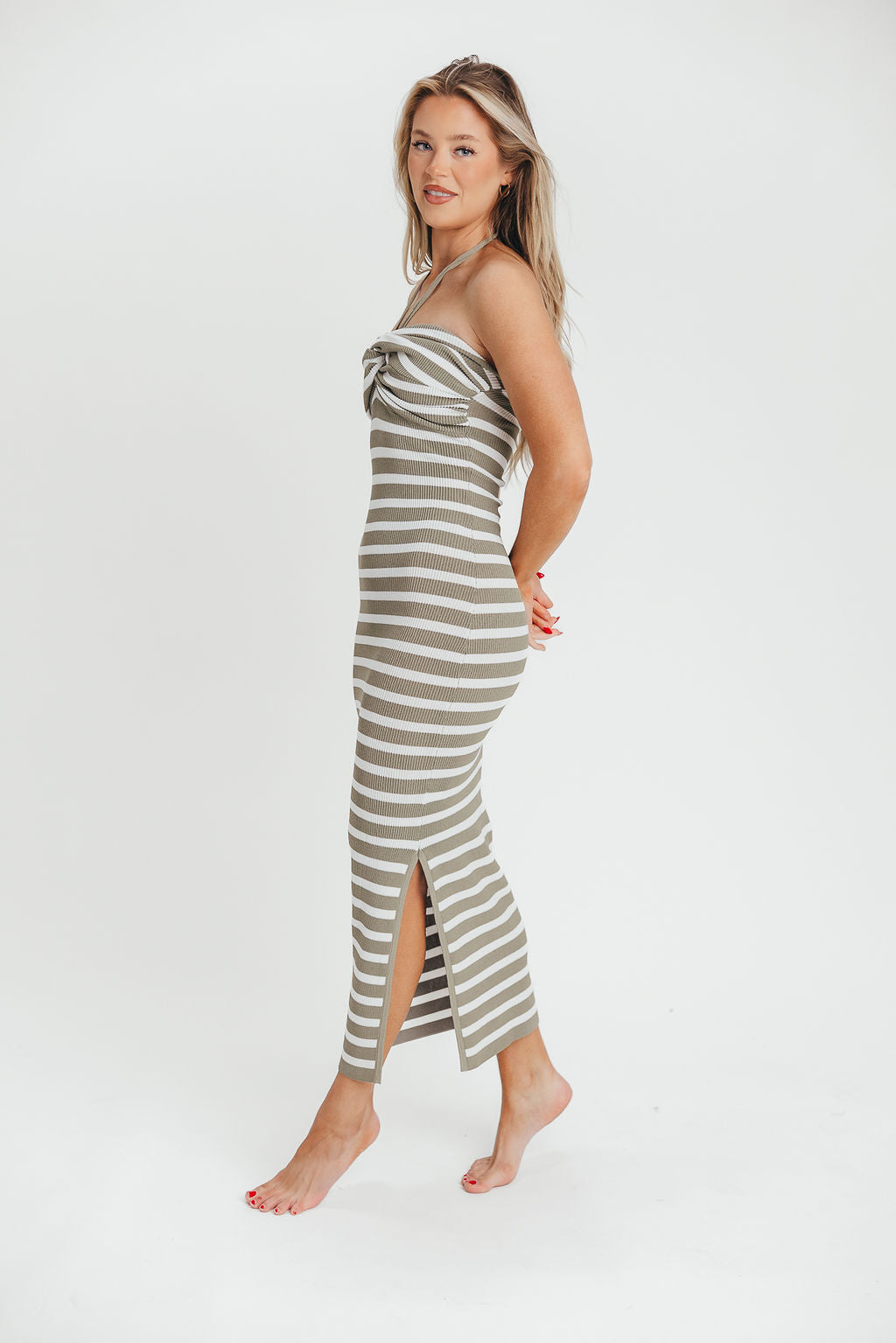 Maeve Striped Halter Maxi Dress in White/Sage