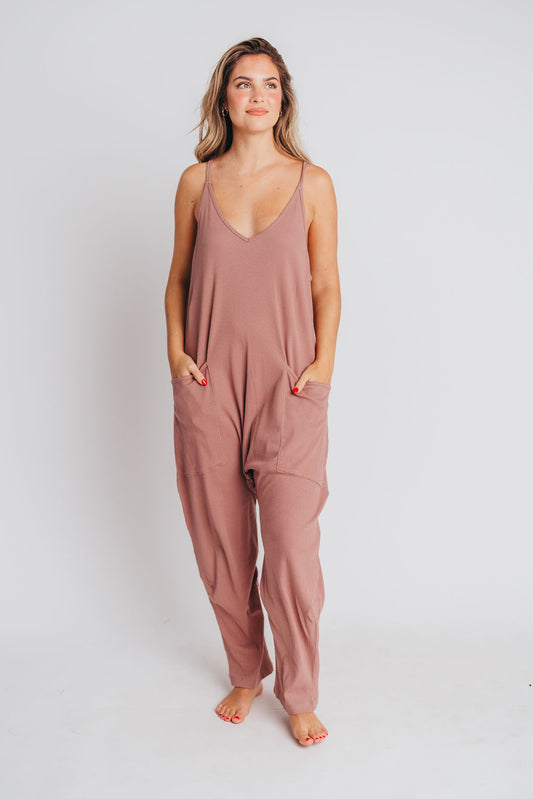 Hilary Ribbed Knit Jumpsuit with Pockets in Woodrose