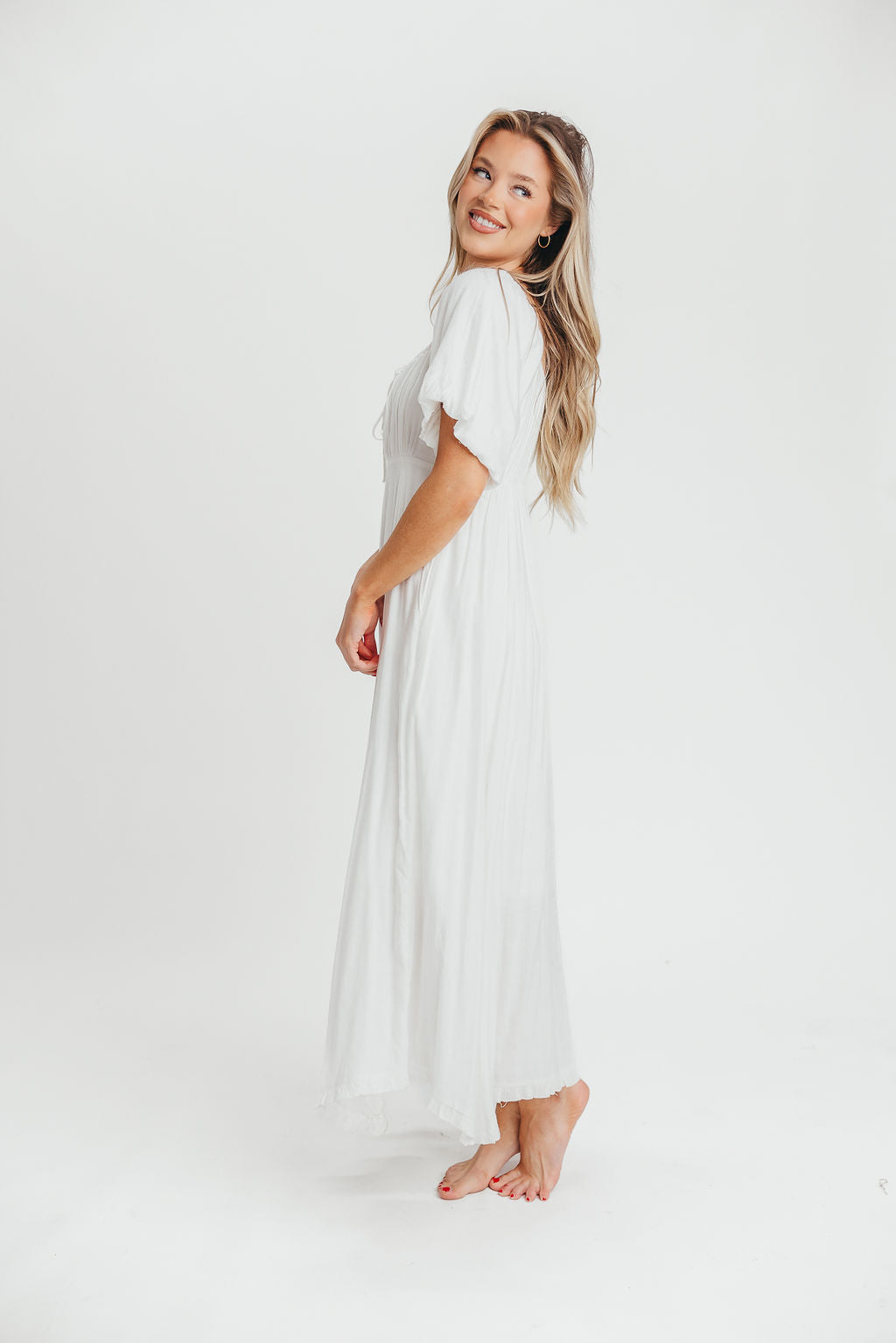Chesley Puffed Sleeve Maxi Dress with Front Tie Detail in White - Bump Friendly