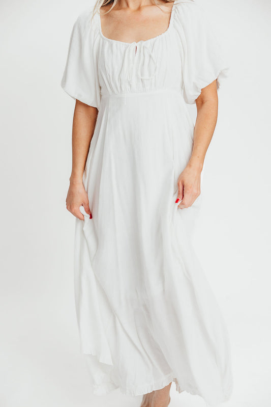 Chesley Puffed Sleeve Maxi Dress with Front Tie Detail in White - Bump Friendly