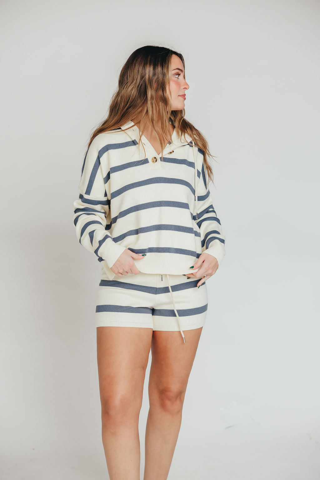 Brighton Pullover Top in White and Slate Blue Stripe