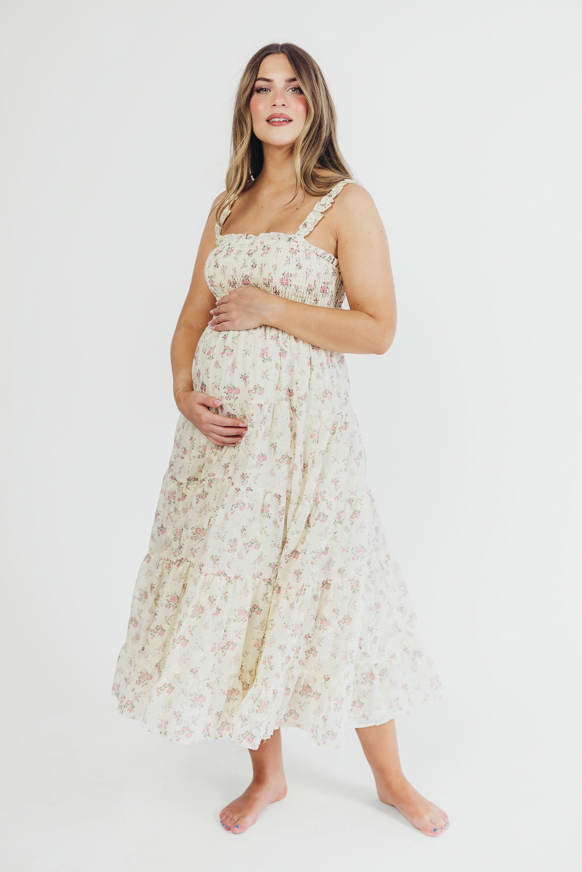 Ryan Ruffle Midi Dress with Embroidered Detail in Cream/Pink Floral – Worth  Collective